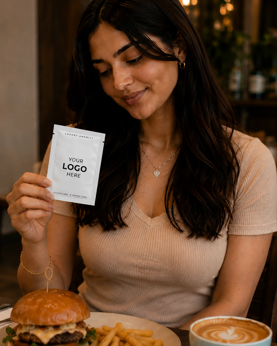 Guest holding a DineWipes branded wipe packet at a restaurant table