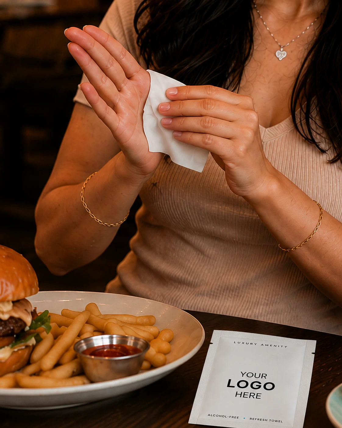 Guest wipes hands clean before eating