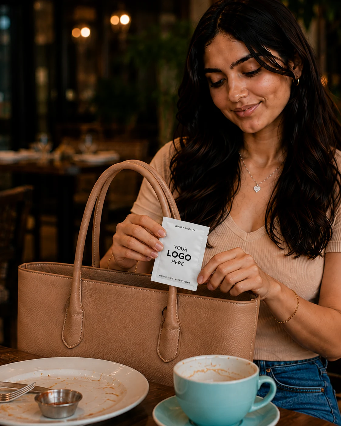 Guest keeps a branded DineWipe packet